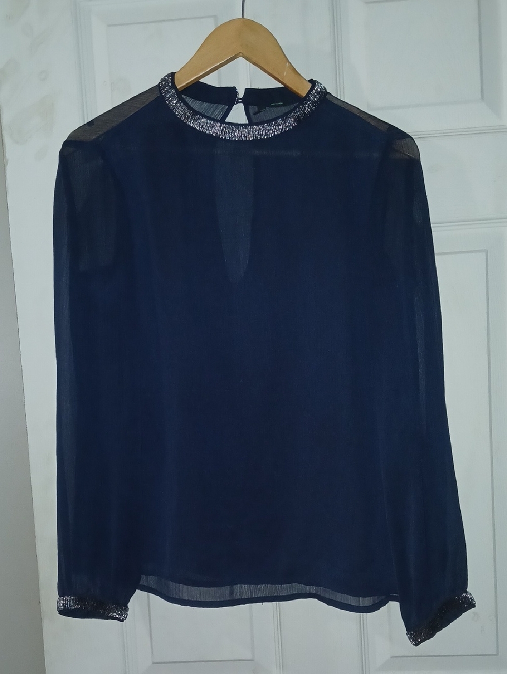 United Colors Of Benetton Navy Sheer Long-Sleeve Blouse with Sparkle Trim